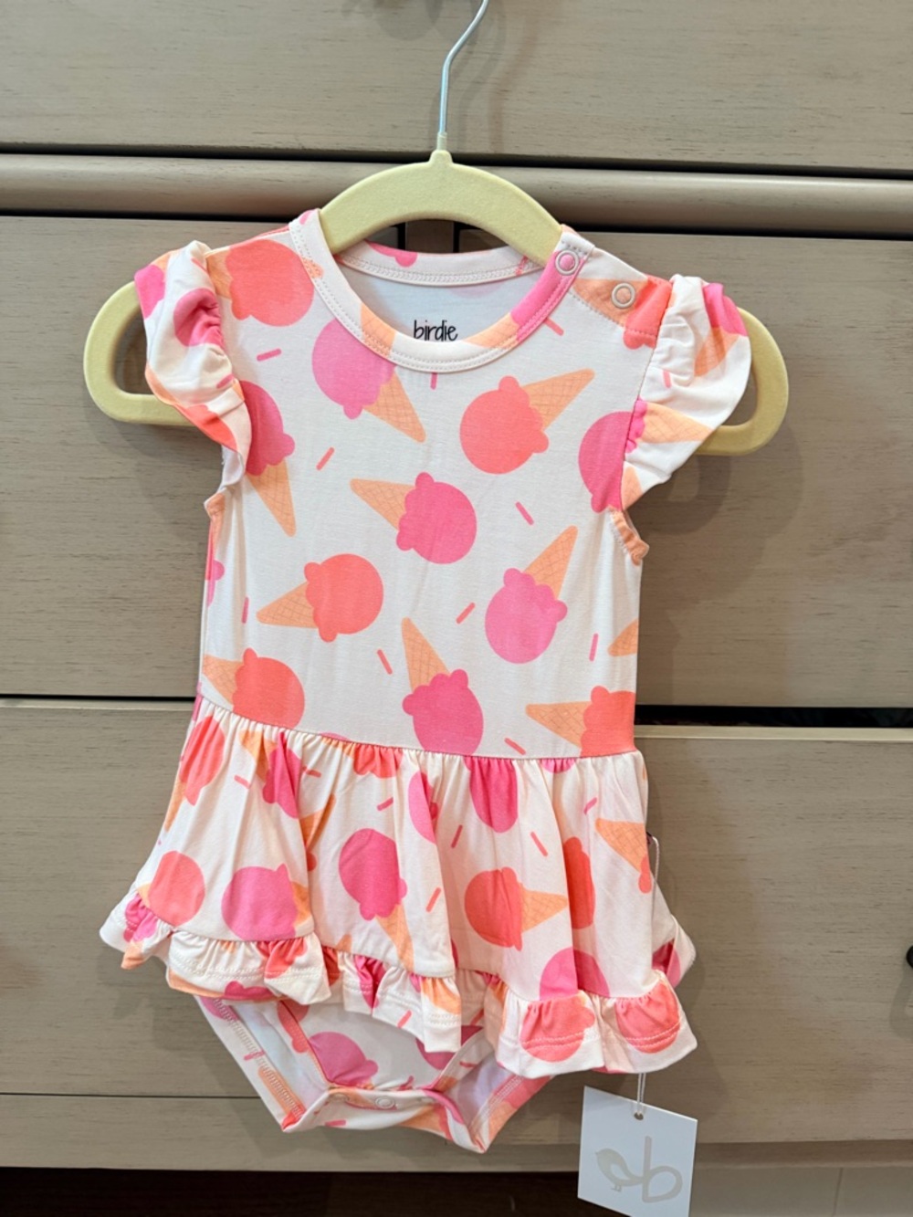 Birdie Bean Twirl Onesie Dress, 6-12 Months, Pink & Peach Ice Cream Print, NWT